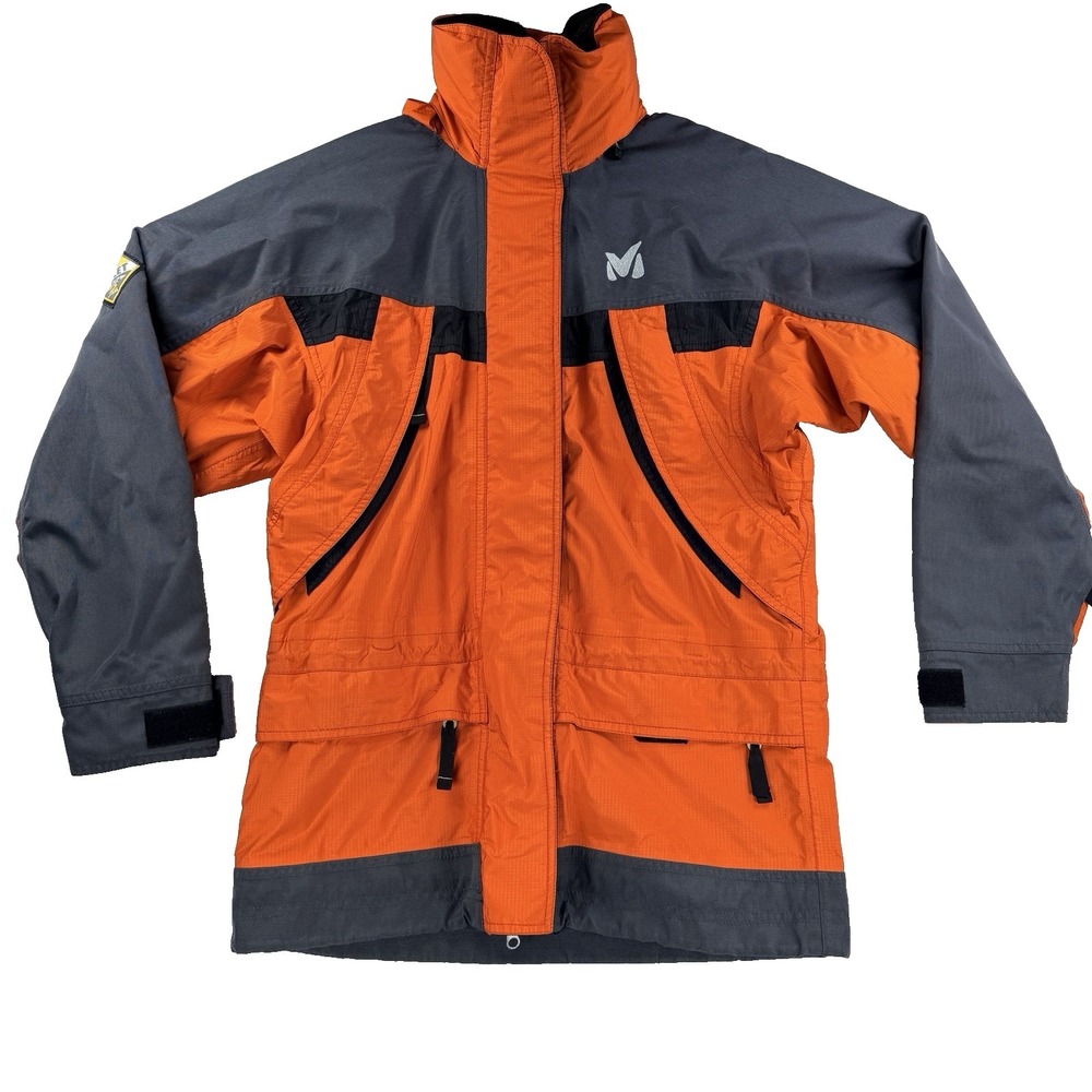 VTG Mens Millet Goretex Full Zip Jacket Waterproof Hooded Orange Gray Size Small
